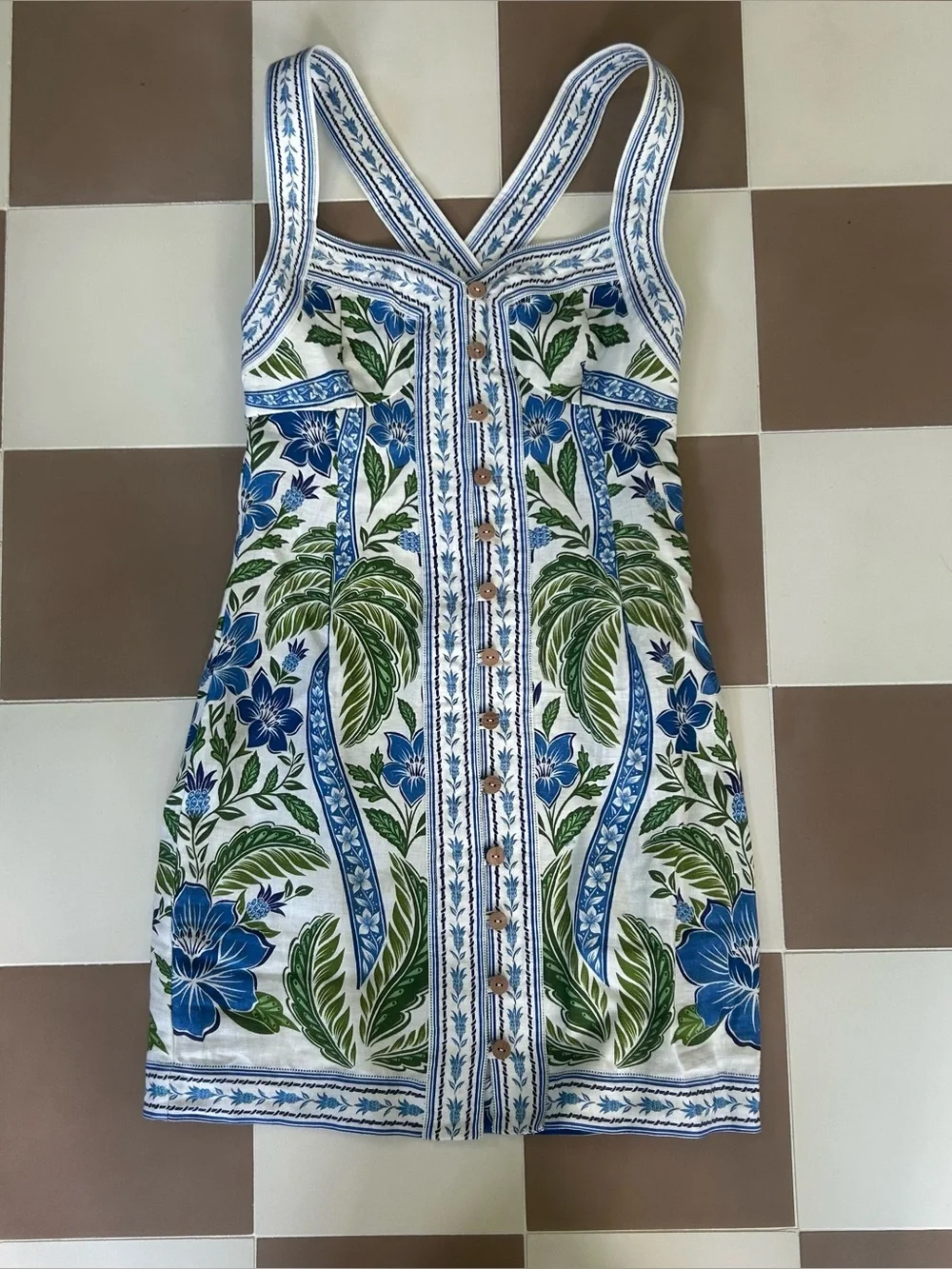 Farm Rio Tropicango Linen Mini Dress NWT S Blue Floral Crisscross Back $198 - Picture 2 of 9